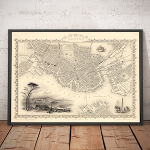 Alte Karte von Boston, Massachusetts im Jahr 1851 von Tallis & Rapkin - gerahmt oder ungerahmt