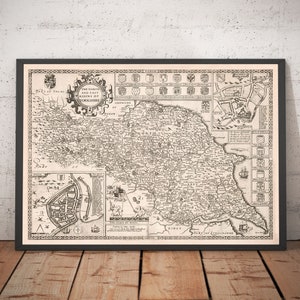 Alte Karte von North and East Yorkshire, 1611 von John Speed - Hull, York, Mittleresbrough, Scargelegt - Gerahmt, Ungerahmt