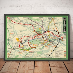 Mapa antigo do metrô de Londres de 1912 - Linhas Oxford Circus, Piccadilly, Bank, Central, Northern, Circle e District - Emoldurado e sem moldura