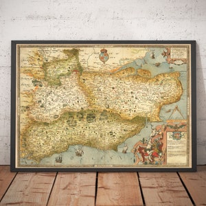 Old Map of Southeast England in 1575 - London, Kent, Sussex, Surrey - Large Framed or Unframed Chart