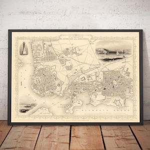 Alte Karte von Plymouth im Jahr 1851 von Tallis, Rapkin - Stonehouse, Devonport City Map - gerahmt oder ungerahmt