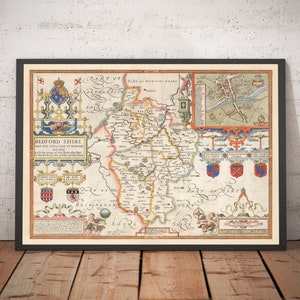 Ancienne carte du Bedfordshire 1611 par John Speed - Bedford, Luton, Dunstable, St Neots, Leighton Buzzard - encadrée ou non