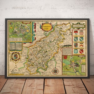 Alte Karte von Northamptonshire, 1611 von Speed - Northampton, Kettering, Peter Borough, Corby, Stamford, Yaxley, Brackley - Geschenk ohne Rahmen