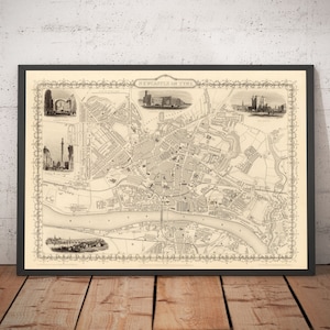 Mapa antiguo de Newcastle upon Tyne y Gateshead en 1851 por Tallis, Rapkin (con o sin marco)