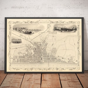 Alte Karte von Brighton um 1851 von J. & F. Tallis - Lanes, Pier, Parade, Old Steine, Kemptown, East Sussex - mit oder ohne Rahmen
