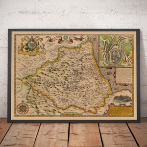 Ancienne carte du comté de Durham, 1611 par John Speed - Darlington, Stockton-on-Tees, Sunderland - Avec ou sans cadre