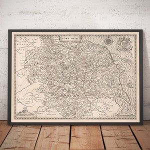 Ancienne carte du Yorkshire en 1611 par John Speed - Hull, York, Middlesbrough, Sheffield, Leeds - Nord, Est, Ouest - Avec ou sans cadre