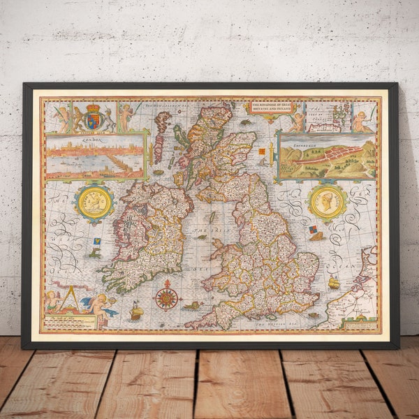 Old Map of British Isles in 1611 by John Speed - UK, England, Scotland, Wales, Ireland, Cymru, Éire - Personalised  - Framed, Unframed