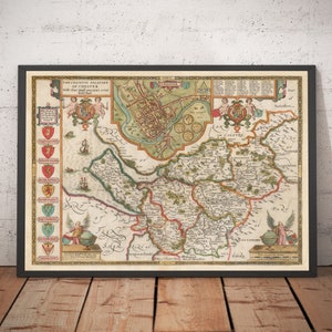 Alte Karte von Cheshire im Jahr 1611 - Chester, Warrington, Crewe, Runcorn,Livercover, Macclesfield, Merseyside - mit Rahmen, ohne Rahmen