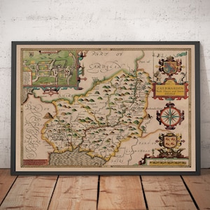 Alte Karte von Carmarthenshire Wales, 1611 von John Speed - Carmarthen, Llanelli, Llandovery, Ammanford - gerahmt oder ungerahmt