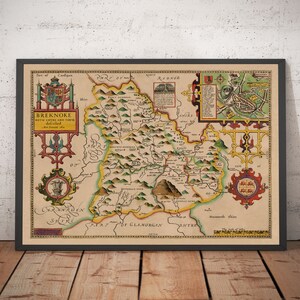 Ancienne carte de Brecon Wales, 1611 par John Speed - Beacons, Crickhowell, Powys, Trecastle - Avec ou sans cadre