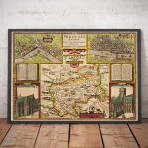 Old Map of Middlesex in 1611 by John Speed - West London, North London, Westminster, Enfield, Barnet - Framed, Unframed