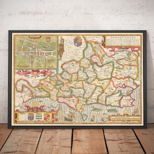Mapa antigo de Dorset em 1611 por John Speed - Poole, Weymouth, Dorchester, Bridport, Lulworth, Lyme Regis, Yeovil - Emoldurado ou sem moldura