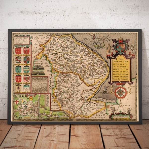 Old Map of Lincolnshire in 1611 by John Speed - Lincoln, Grimsby, Grantham, Boston, Skegness, Scunthorpe, Stamford - Framed, Unframed