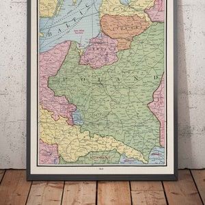 Oude kaart van Polen, 1925 - Duitsland, Pruisen, Oekraïne, Tsjechië, Warschau, Krakau, Europees interbellum WO1 WO II - ingelijst, ingelijst