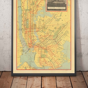 Oude metrokaart van New York City in 1927 - Queens, Brooklyn, Railway, Manhattan, INT, BMT, Interboro Elevated Rail - ingelijst, ingelijst