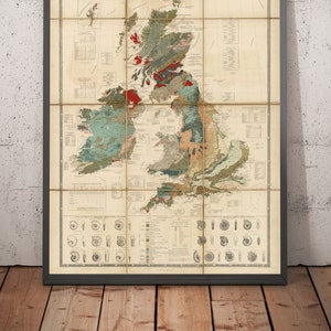 Old Geology Map of UK, Ireland, 1854 - Geologist and Fossil Map of England, Wales, Scotland, Ireland, British Isles - Framed, Unframed Chart