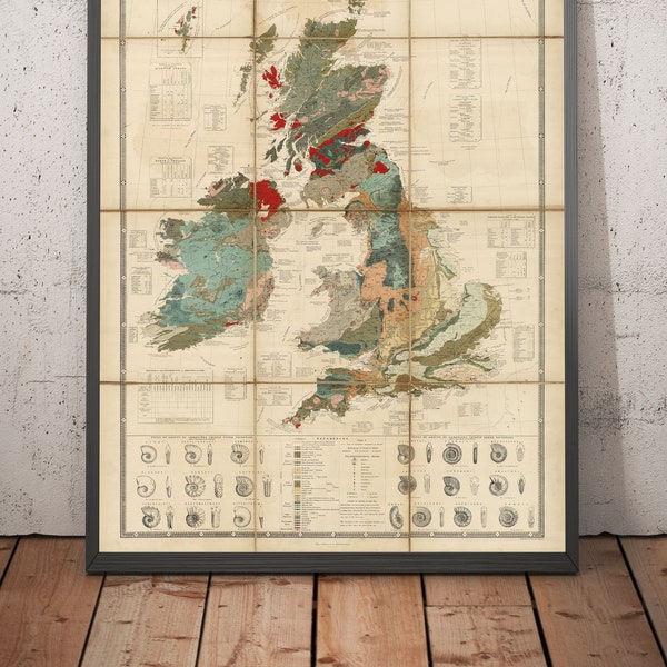 Old Geology Map of UK, Ireland, 1854 - Geologist and Fossil Map of England, Wales, Scotland, Ireland, British Isles - Framed, Unframed Chart