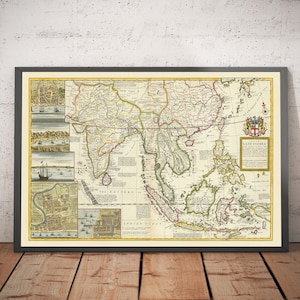 Old Map of India & Southeast Asia, 1717, Moll - Colonial East Indies, China, Malaysia, Thailand, Singapore, Indonesia - Framed Unframed Gift