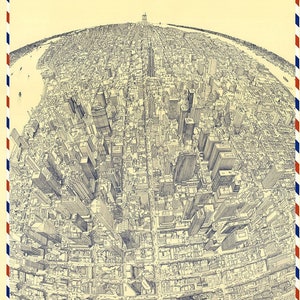 Oude kaart van New York in 1982 - Manhattan, Midtown, Empire State, Chrysler, Twin Towers, Central Park 5th Avenue - handgekleurd ingelijst, ingelijst