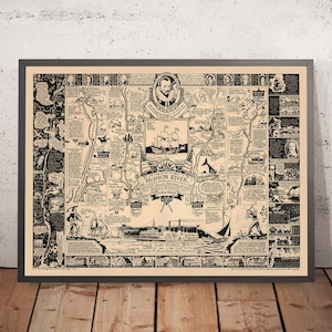 May include: A black and white illustrated map of the Hudson River in New York State. The map shows the river's history from its discovery by Henry Hudson in 1609 to the present day. The map includes illustrations of important events, people, and places along the river. The text on the map reads "A map of the historic Hudson River.  From its discovery by Henry Hudson in 1609 to the present day.  Drawn by Mary Powell.  Text read by the famous Hudson River steamboat."