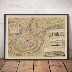 Alte Karte von Shrewsbury im Jahr 1746 von John Rocque - Fluss Severn, Frankwell, Welsh Bridge, Steinerne Brücke, Bowling Green
