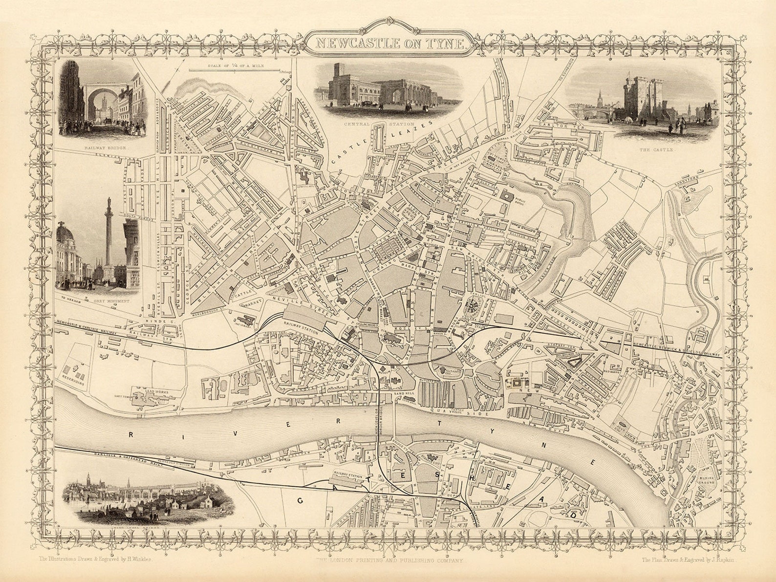 Old Map of Newcastle upon Tyne & Gateshead in 1851 by Tallis Etsy