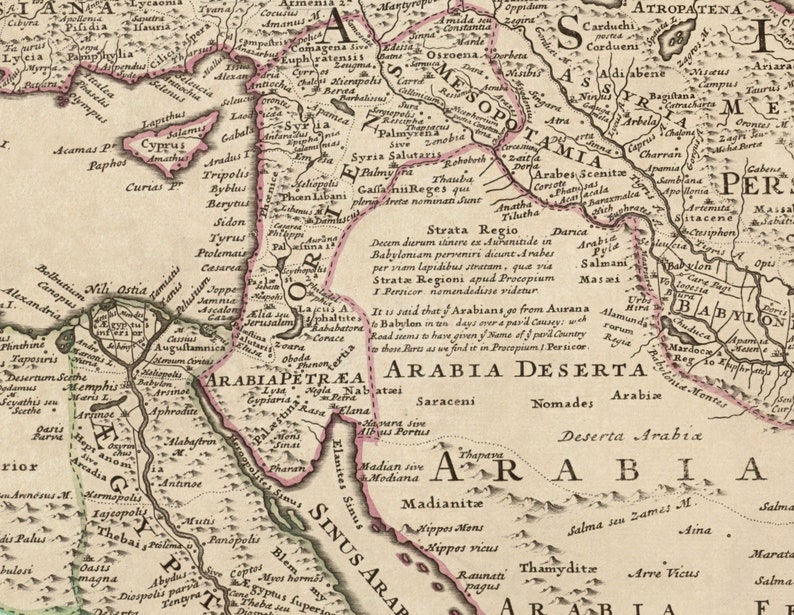 May include: An antique map of the Middle East, showing the regions of Arabia, Mesopotamia, and Persia. The map is printed in black and white on a cream-colored background. The map is labeled with the names of various cities, regions, and geographical features.