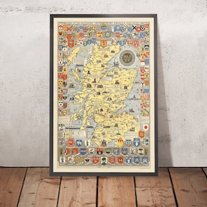 Old Historical Map of Scotland by Bullock, 1950: Clans, Tartans, Battles, Castles, Wildlife, Coats of Arms