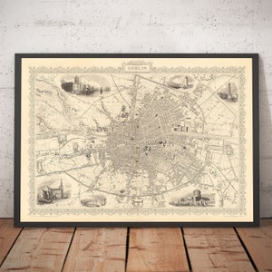 Old Map of Dublin, Ireland, 1851 by Tallis & Rapkin - Central, Temple Bar, Stoneybatter, Docklands, Liffey, Leinster - Framed, Unframed Gift