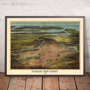 Old Birdseye Map of Newark by Landis, 1916: Manhattan, Newark Harbor, Railways, New York Bay