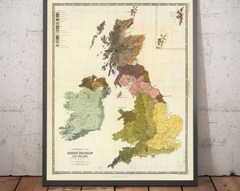 19世紀 イギリスとウェールズの古地図　ガラス額縁　木製フレーム付き 19世紀 イギリスとウェールズの古地図 ガラス額縁 木製フレーム