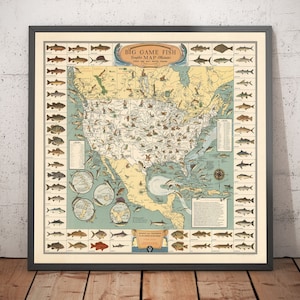 Oude picturale Big Game-viskaart van de VS, 1936 - Alaska, Florida, Michigan, Minnesota, Louisiana - ingelijst, ingelijst