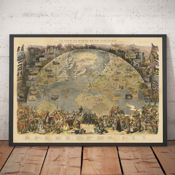 1876 年の古い世界地図 - ル・モンド紙の「世界旅行」 - 19 世紀の探検