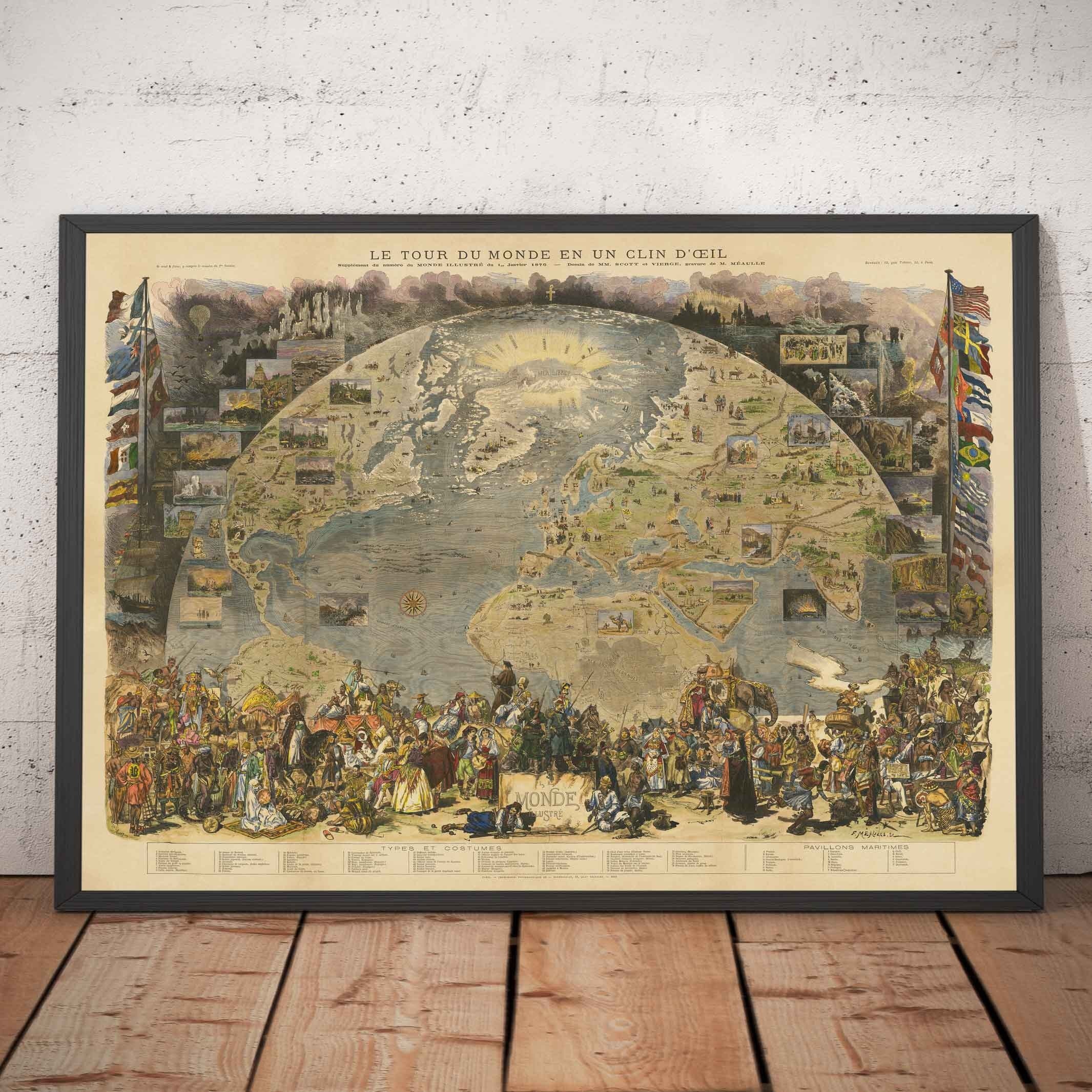 古い地図の額絵 1876 年の古い世界地図 - ル・モンド紙の「世界旅行」 - 19 世紀の探検