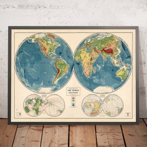 Old School Atlas World Map Rand McNally, 1917: Physical World Chart