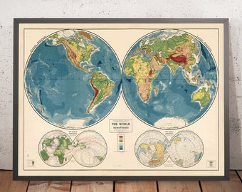 May include: Vintage world map print showing the Western and Eastern Hemispheres with a color-coded elevation key. The map is titled "The World Hemispheres".