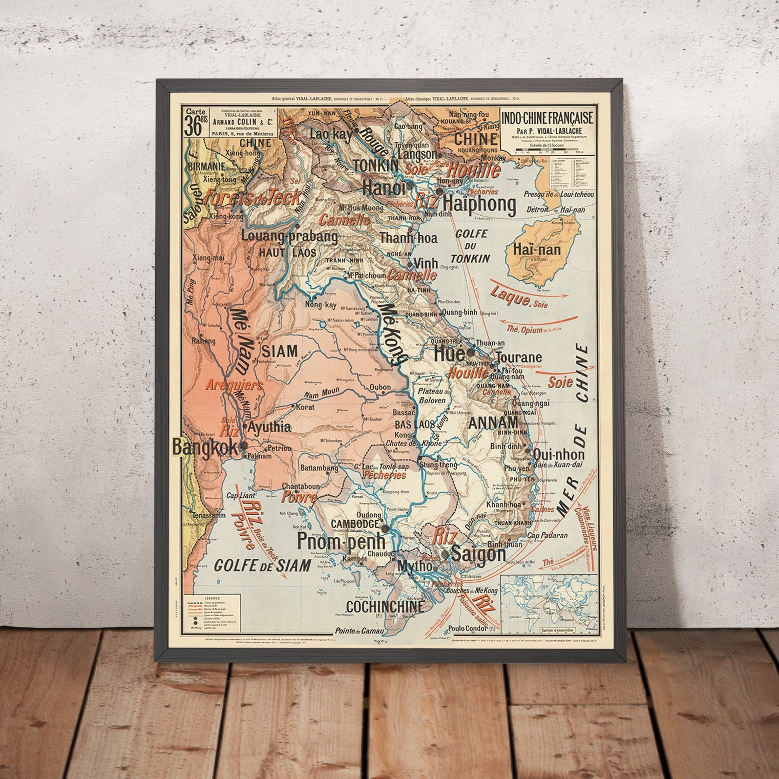 Old Map of Indochina (Southeast Asia) by Vidal Lablache, 1897: French Colonial Hanoi, Bangkok, Mekong River