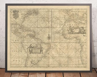 May include: An antique map of the Atlantic Ocean, showing the continents of North and South America, Africa, and Europe. The map is drawn in a grid pattern with lines of latitude and longitude. The map is printed on aged paper with a brown tint.