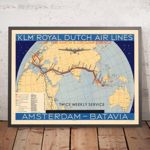 Old KLM Map of Amsterdam to Batavia (Jakarta), 1934: Airline Routes, Twice Weekly Service