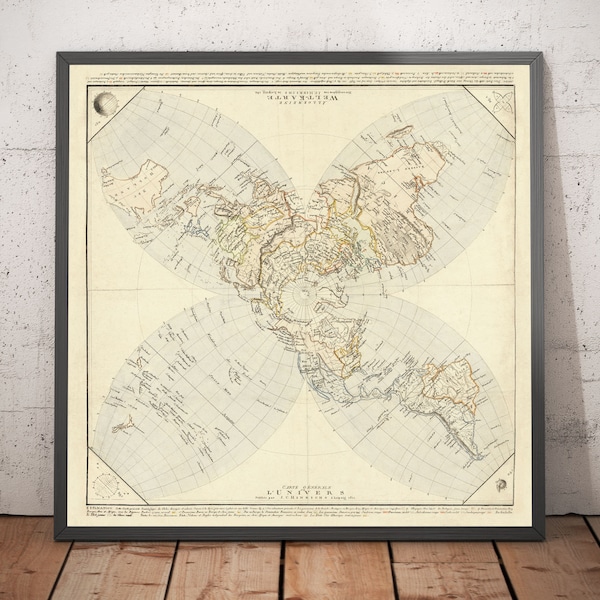 Antiguo mapa de la Tierra plana, 1811 por JC Hinrichs - Mapa mundial alemán y francés - Interesante gráfico del Atlas colonial - Regalo enmarcado y sin marco