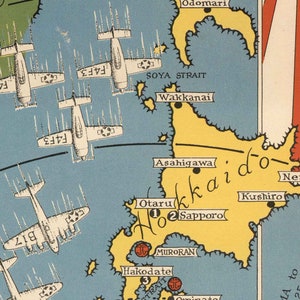 Mapa pictórico Japón, el objetivo de la Segunda Guerra Mundial, 1942 por Ernest Chase Antiguo gráfico de bombardeos de la Segunda Guerra Mundial China, Japón, Corea Enmarcado, Sin marco imagen 9