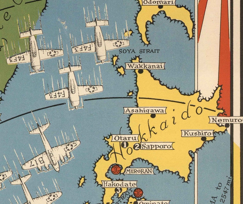 Mapa pictórico Japón, el objetivo de la Segunda Guerra Mundial, 1942 por Ernest Chase Antiguo gráfico de bombardeos de la Segunda Guerra Mundial China, Japón, Corea Enmarcado, Sin marco imagen 9
