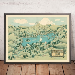 Old Pictorial Map of Huntington Lake, CA by Jones, 1940: Kaiser Peak, Twin Lakes, Camps, Trails, Fire Prevention