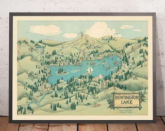 Old Pictorial Map of Huntington Lake, CA by Jones, 1940: Kaiser Peak, Twin Lakes, Camps, Trails, Fire Prevention