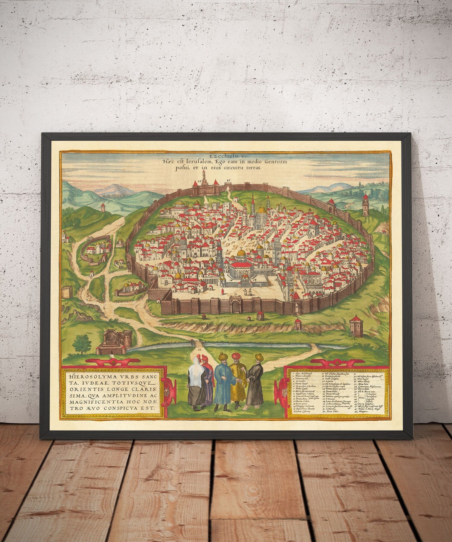 Old Map of Jerusalem, 1582 by Braun - Jewish & Islam Holy Old City - Temple Mount, City Walls, Tower of David, Jaffa - Framed Unframed Gift