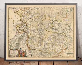 Old Map of Overijssel, Netherlands by Visscher, 1690: Zwolle, Kampen, Hengelo, Deventer, Enschede