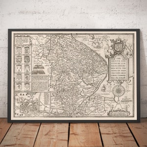 Old Map of Lincolnshire in 1611 by Speed - Lincoln, Grimsby, Grantham, Boston, Scunthorpe, East Midlands - Monochrome Framed, Unframed Gift