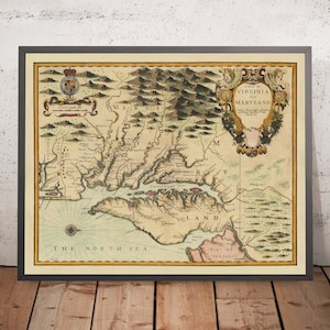 Mapa antiguo de Virginia y Maryland de John Speed, 1676: Jamestown, Yorktown, la bahía de Chesapeake y la línea Mason-Dixon