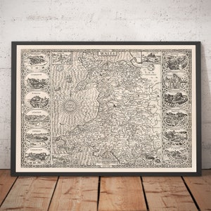 Ancienne carte du pays de Galles, Cymru par John Speed, 1611 - villes, villages, comtés, Cardiff, Anglesey - cadeau personnalisé monochrome - encadré ou non